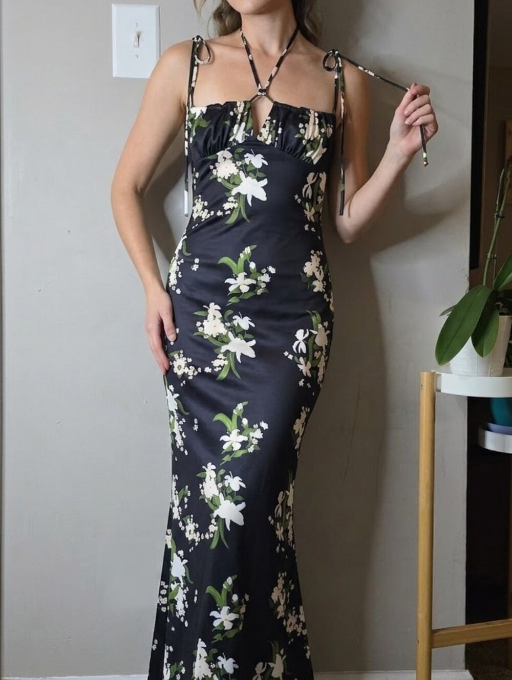 Elegant Black Floral Halter Maxi Dress with Tie Straps